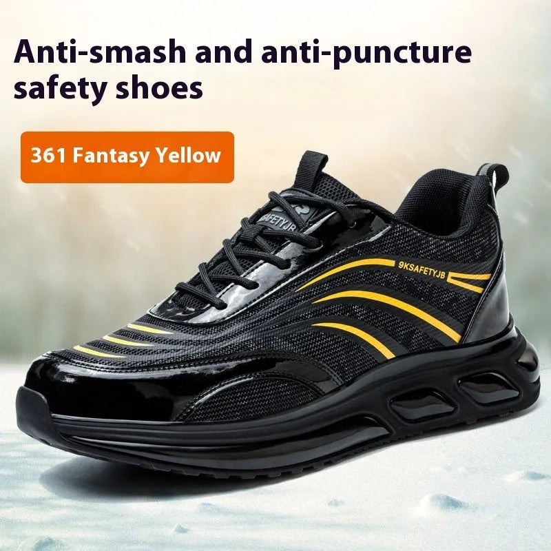 Orange and grey lightweight safety work shoes with leather upper and rubber sole for industrial protection
