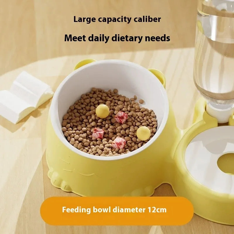Grass green plastic double bowl automatic pet feeder and water fountain for cats.