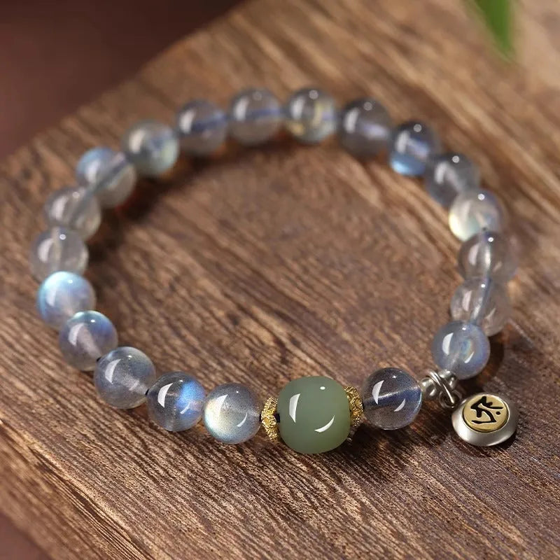 Moonstone birth Buddha beads bracelet with Thousand-Hand Kwan-yin mouse design and moonlight crystals