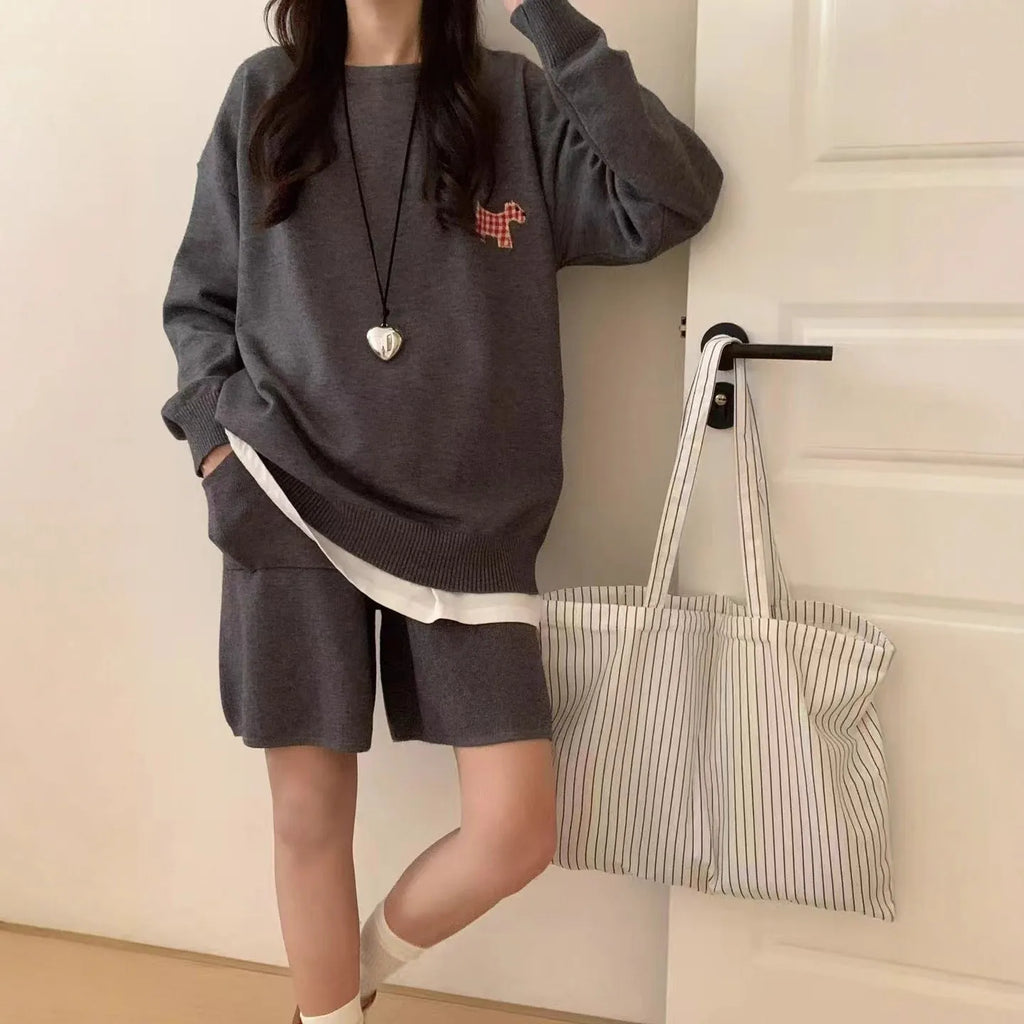 Women's knitted sweater and shorts set with animal embroidery pattern in casual style
