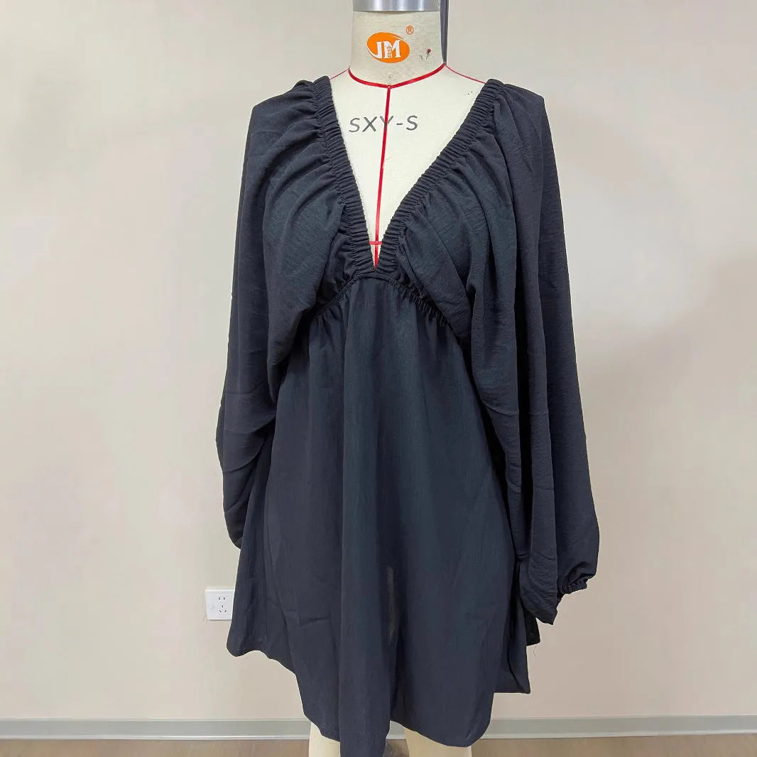 Women's polyester puff sleeve dress with V-neck and flounced swing skirt in apricot colour
