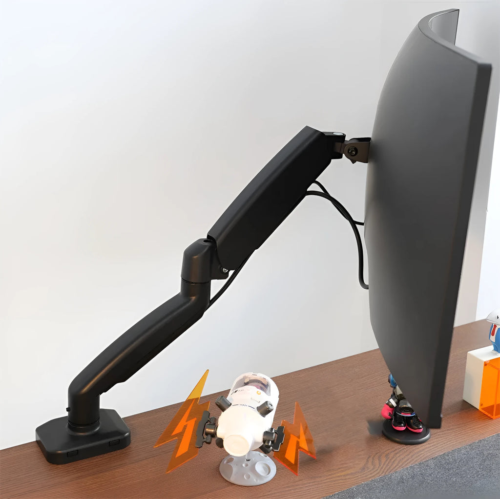Black adjustable LCD monitor desk bracket extended beside a white version on a wooden desk.