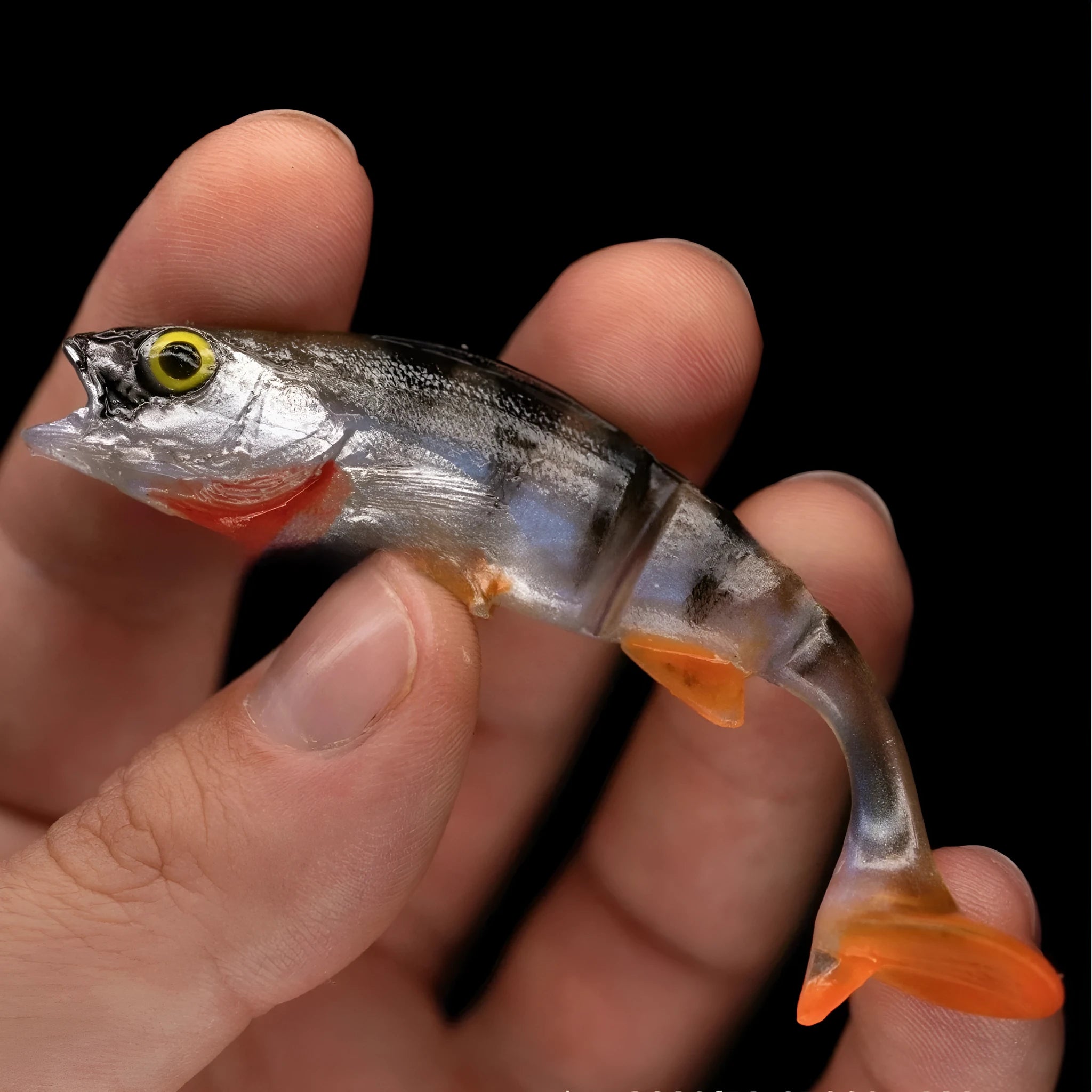 Fish T tail soft fishing lure in catfish/minnow design with paddle tail, fish pattern colour.