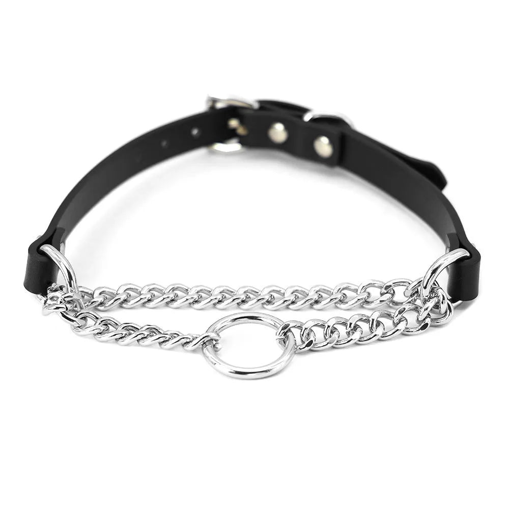 Black leather adjustable collar and matching leash with a hand grip rope.