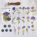 Set of 40 dried flower theme decorative stickers in eight colour styles including purple, blue, orange, and pink.
