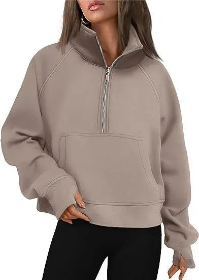 Women's loose lapel fleece-lined sweater in apricot colour with raglan sleeves