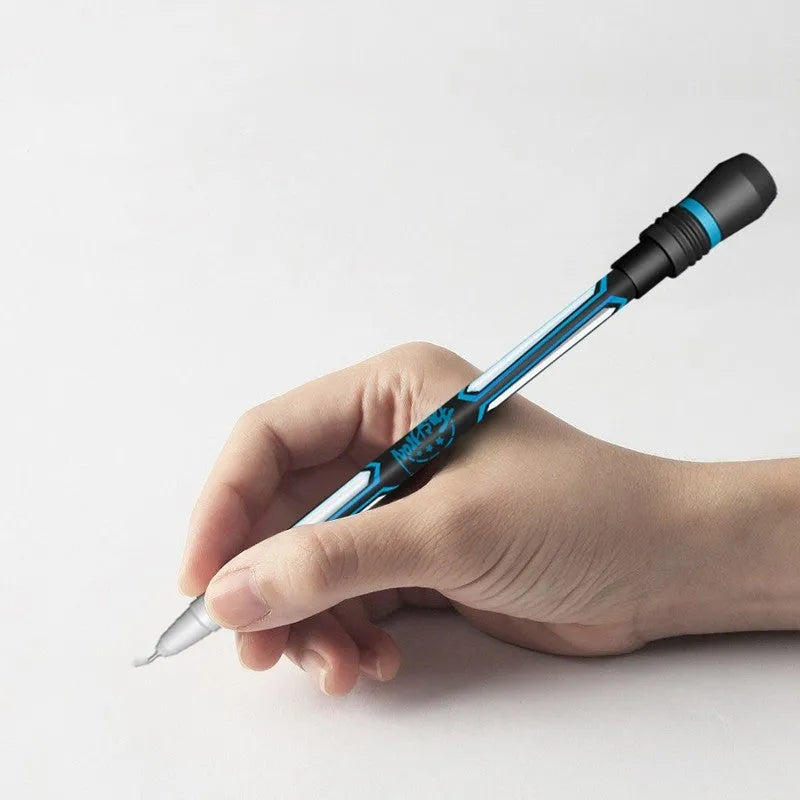 Frosted grip spinning pen with 0.35mm fine writing tip showing anti-slip silica gel section