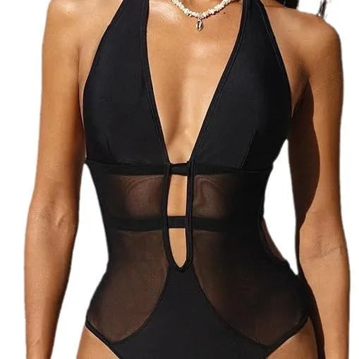 Black women's one-piece swimsuit with V-neck and decorative mesh hanging neck detail.