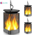 Four black solar-powered hanging lanterns with flame effect LED for garden decoration