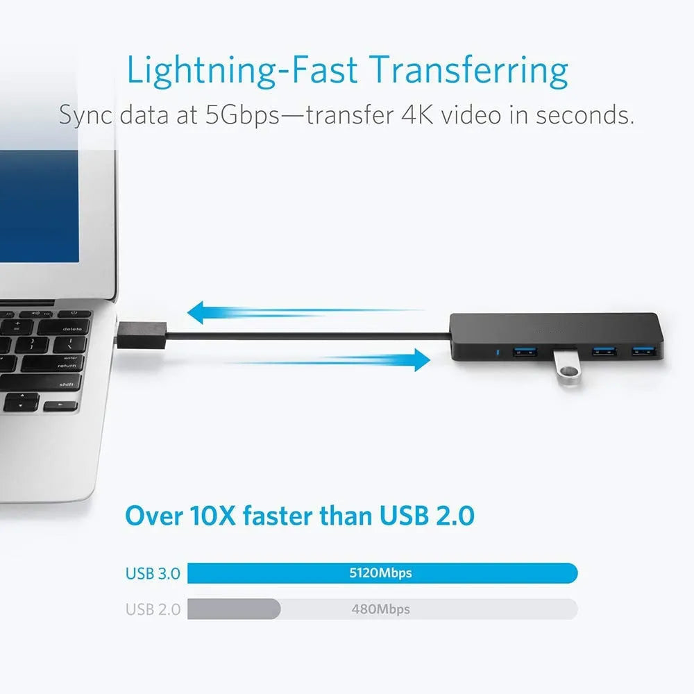 USB 3.0 hub with four ports, blue LED indicators, and 30 cm connection cable
