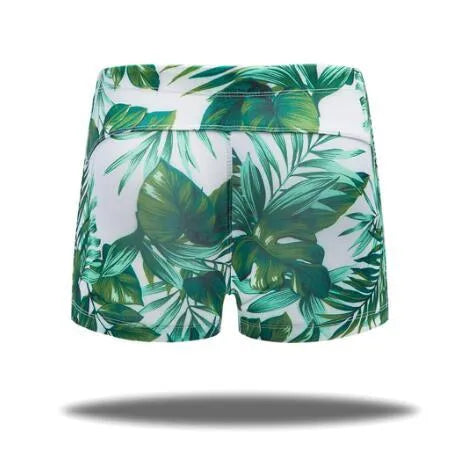Green nylon men's boxer briefs swimwear shown flat, size L to 3XL available