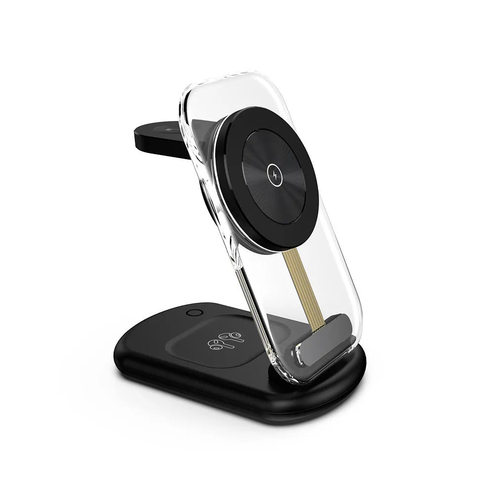 Transparent folding magnetic wireless fast charger in black on a table.
