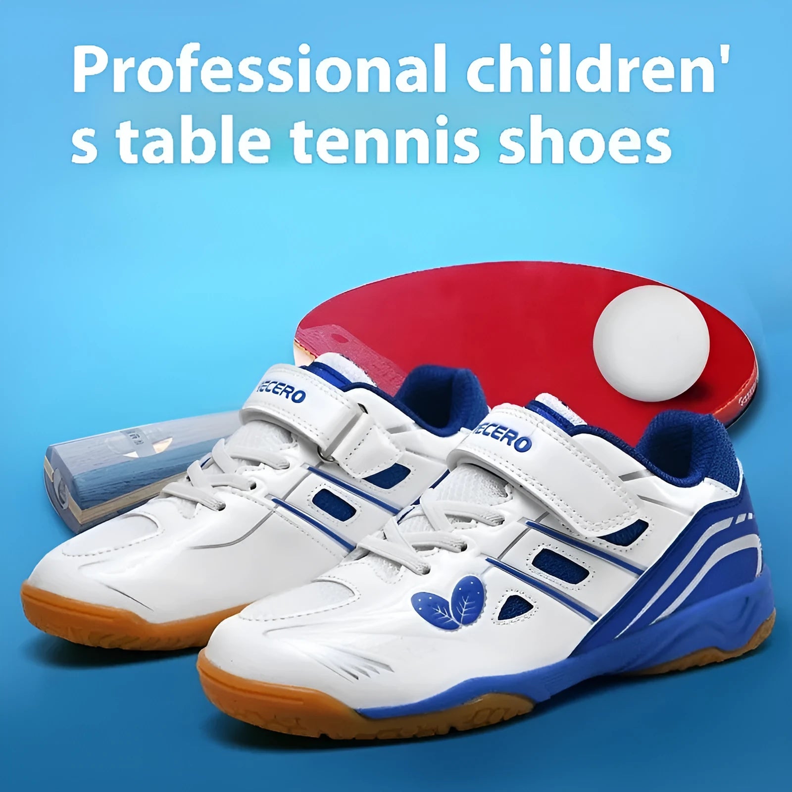 White and blue low-top badminton shoes with a ribbed sole and round toe on a hard court surface.