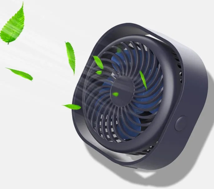 USB-powered desk fan with alarm clock in modern design, showing 360-degree rotation head in blue colour
