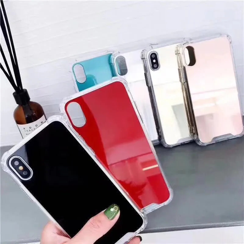 Mirror finish iPhone case in assorted colours showing reflective back and TPU soft edges.