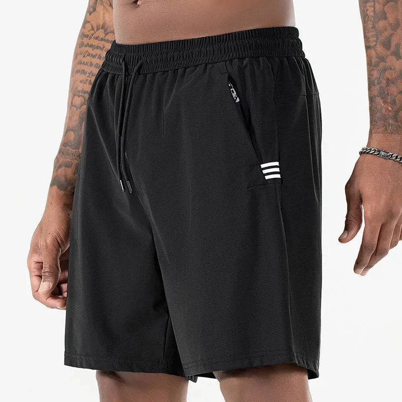 Men's black ice silk sports shorts with a drawstring high waist, shown on a manikin.