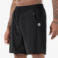 Men's black ice silk sports shorts with a drawstring high waist, shown on a manikin.