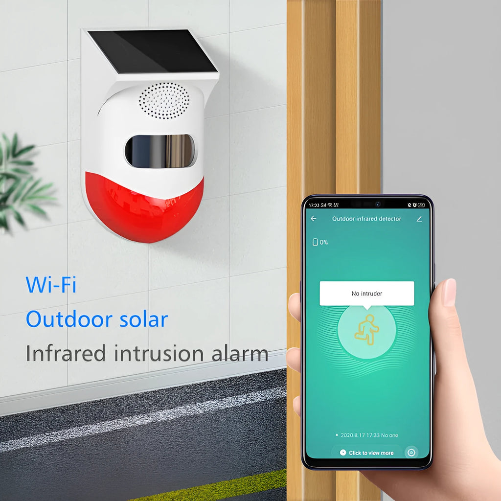 Solar-powered wireless infrared security alarm with remote control for outdoor installation
