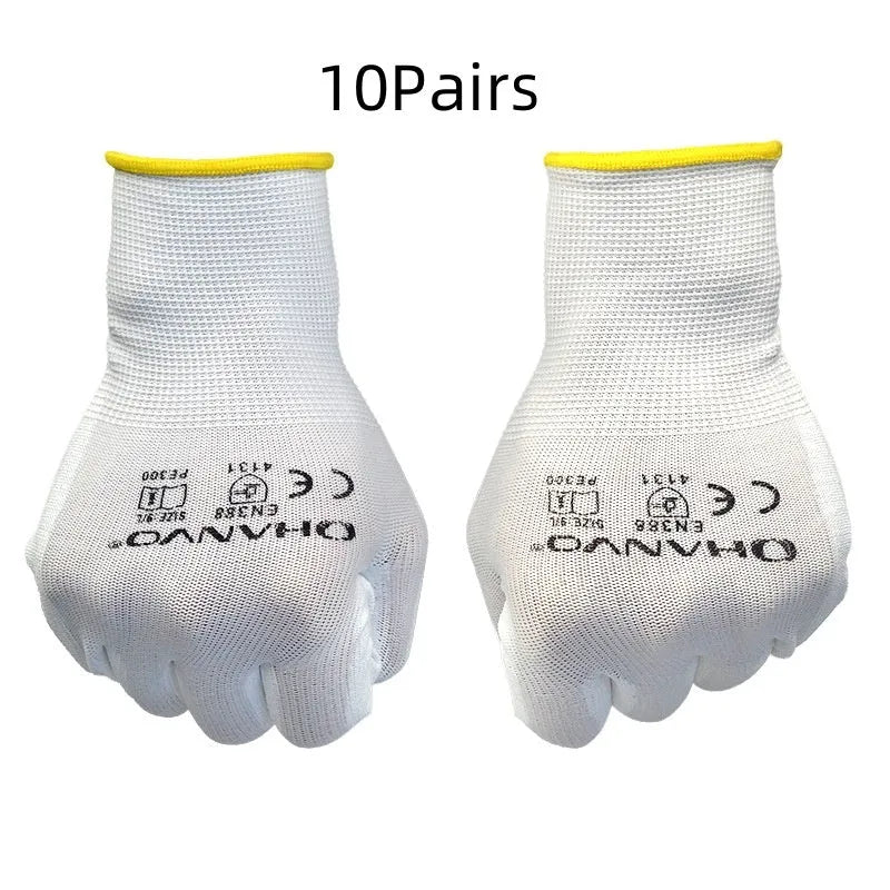 White PU coated labour gloves showing wrist length and flexible construction