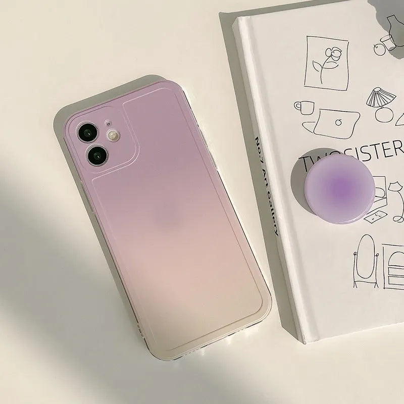 Yellow to purple gradient silicone iPhone case with extended X bracket stand on back