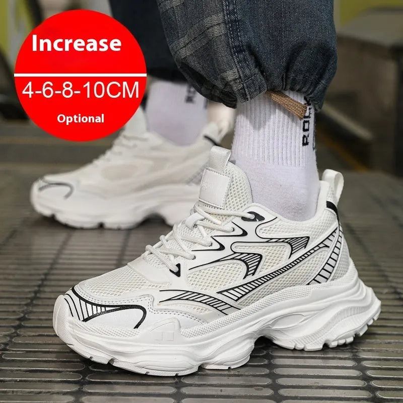 Men's casual breathable height increasing shoes with mesh upper and 10cm invisible lift, in white colour option