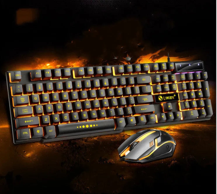 Limei GTX300 white and black gaming keyboard and mouse set with RGB backlight on a desk.