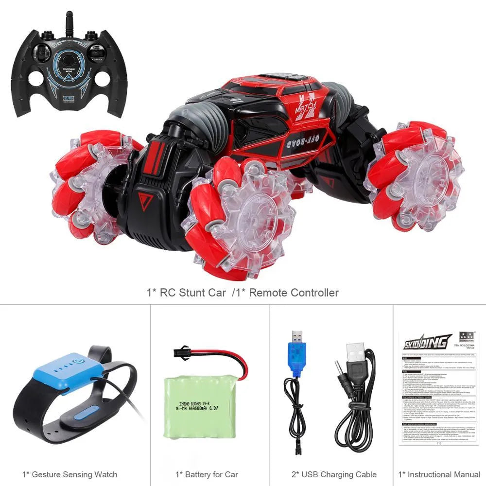 4WD RC stunt car in red with gesture remote control, morphing off-road design, plastic construction