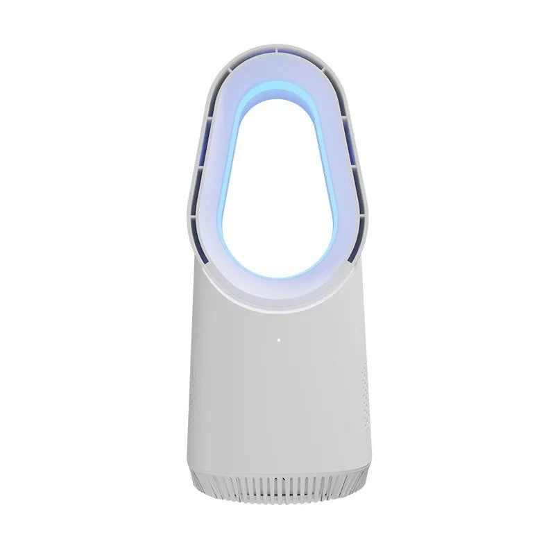 White bladeless tower fan with touch screen display and remote control on a desk.