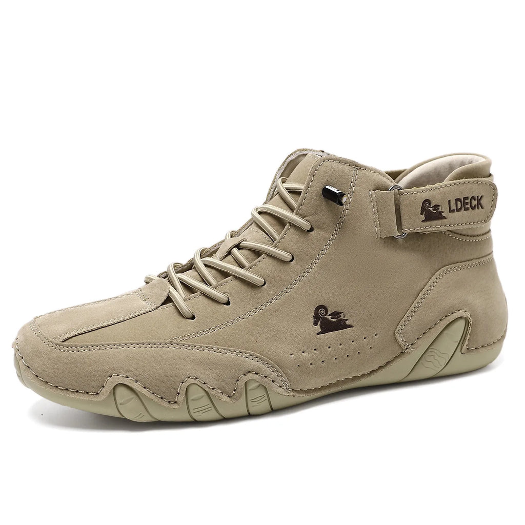 Men's khaki high top boots with octopus design, rubber sole, and pigskin ankle collar.