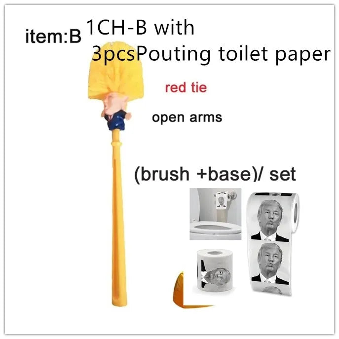 Yellow plastic Donald Trump novelty toilet brush with hanging handle, 40cm long