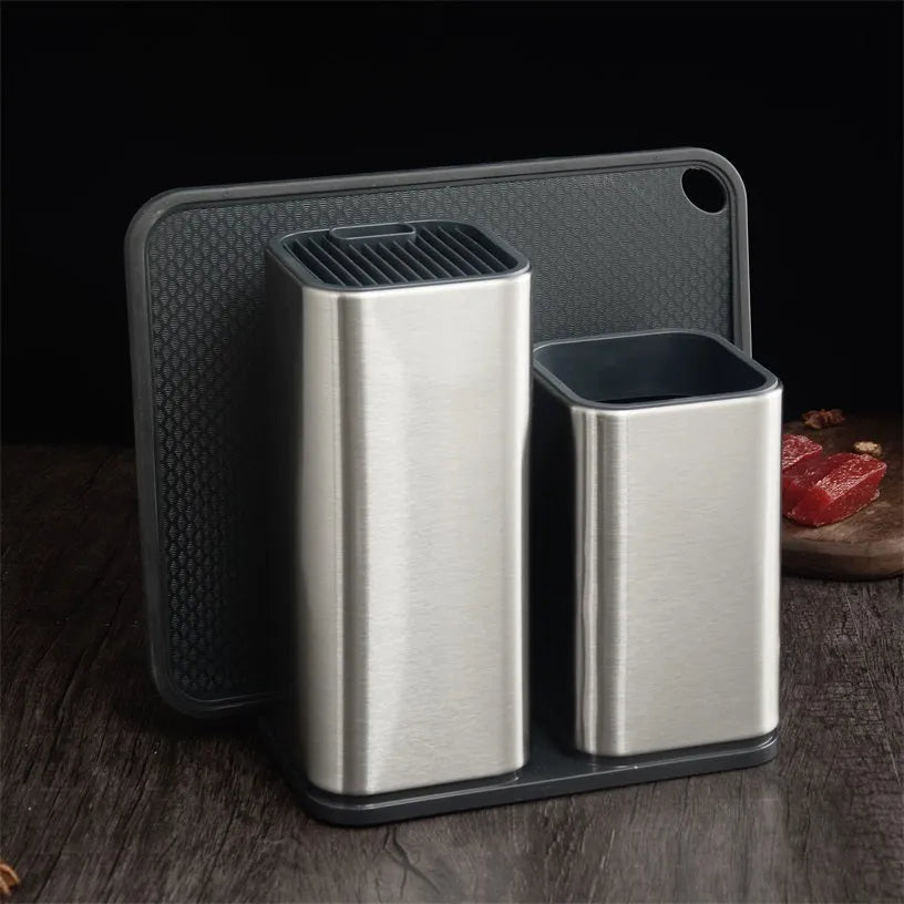Stainless steel kitchen knife holder with storage bucket and detachable bottom