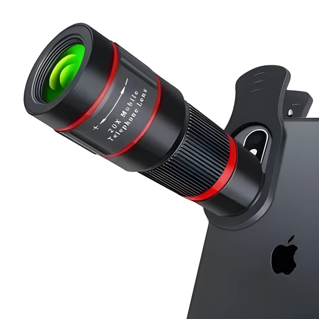 20x magnification cell phone telescope with universal clip on a smartphone.