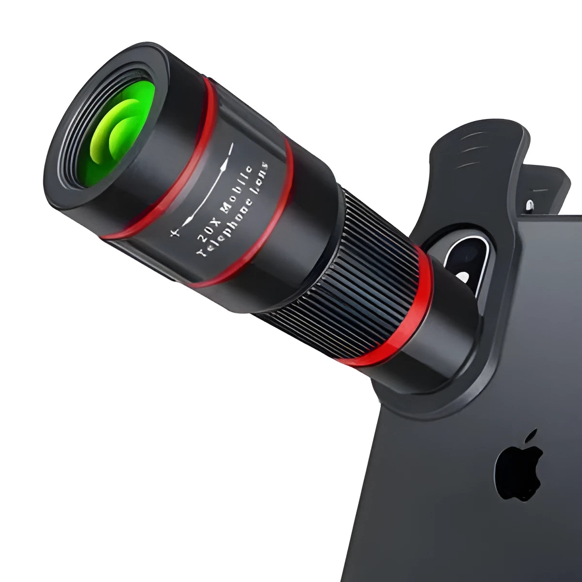 20x magnification cell phone telescope with universal clip on a smartphone.