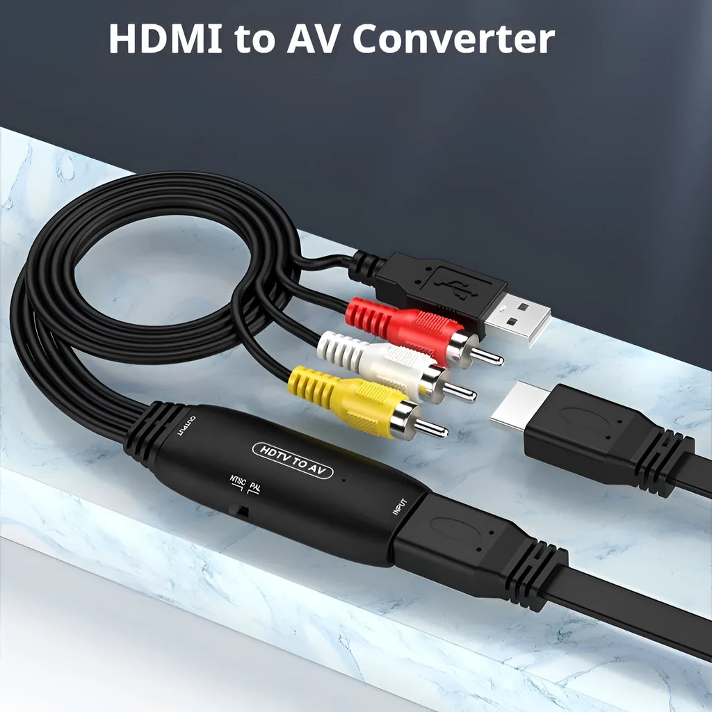 HDMI to AV converter adapter with RCA connectors and 110cm cable for video transfer