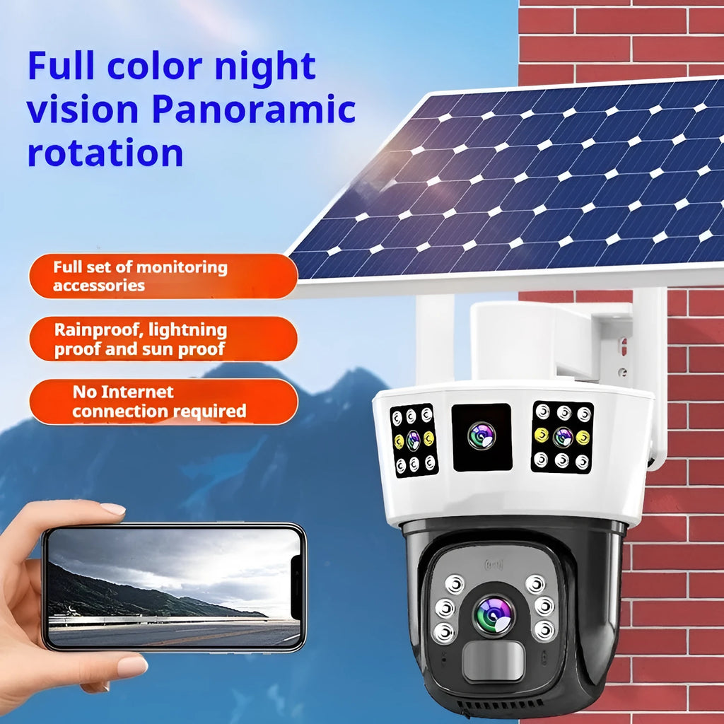 Solar-powered binocular surveillance camera with integrated solar panel and three-screen display