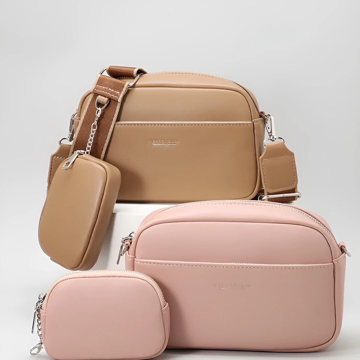 Women's simple PU shoulder messenger bag in apricot with woven and letter details, 21.5x7.5x14.5cm