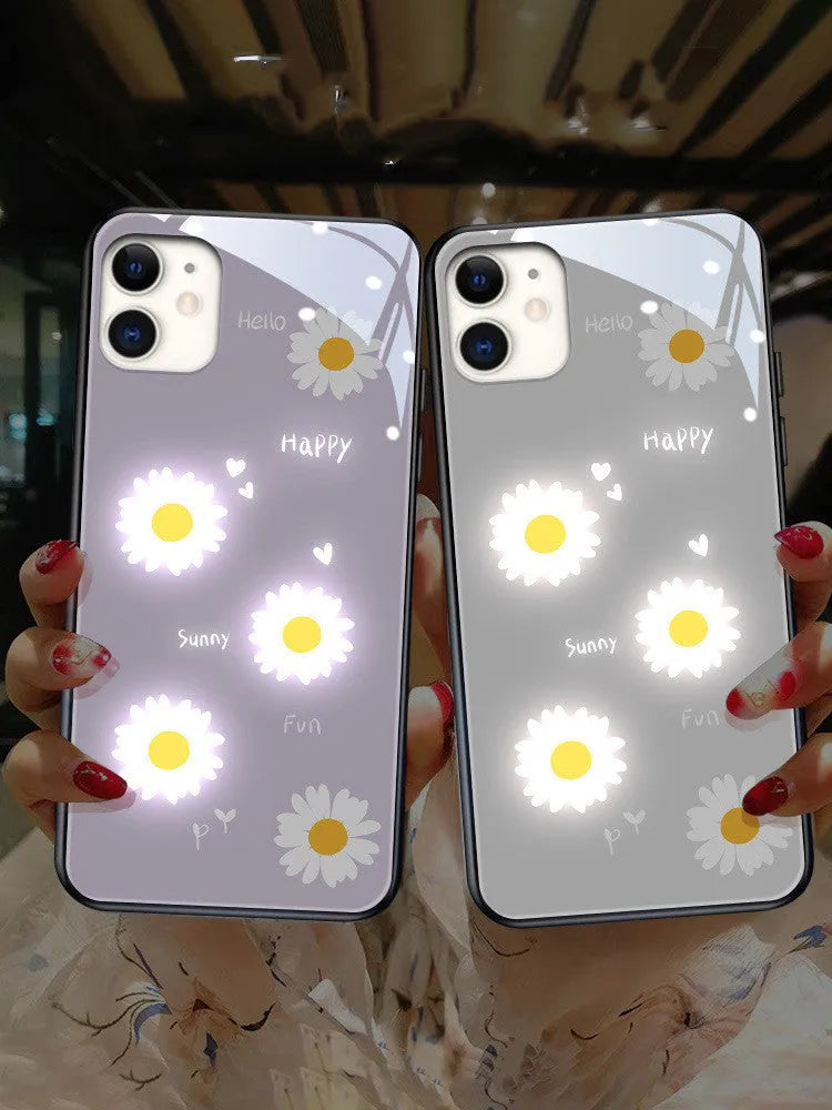 Apple iPhone case with voice-activated colour light showing painted daisy floral design