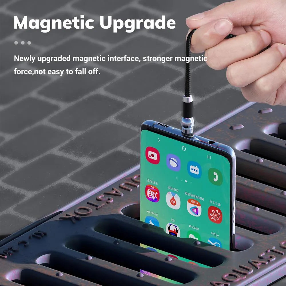 Black magnetic phone charging cable with spherical rotating connector and aluminium alloy ends on a white background.