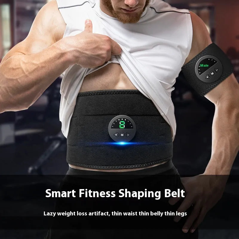 Black fitness belt with display screen host unit for waist and abdomen shaping workouts.