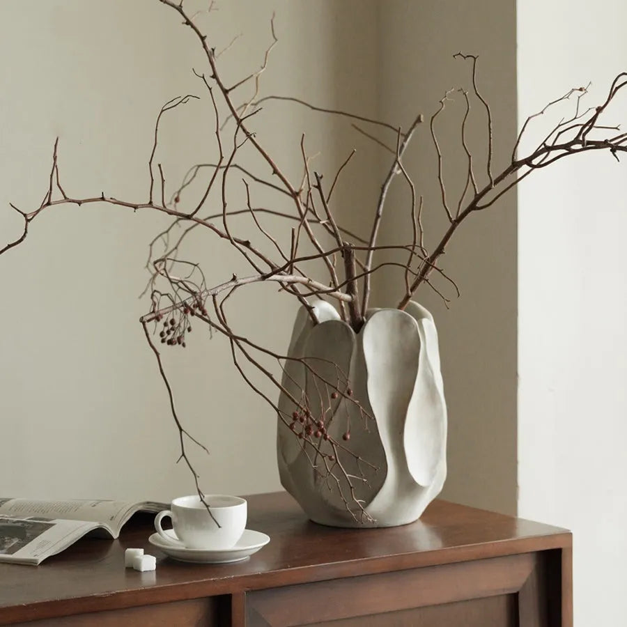 Irregular ceramic vase in magnesium clay finish, high and low style versions for flower arrangements