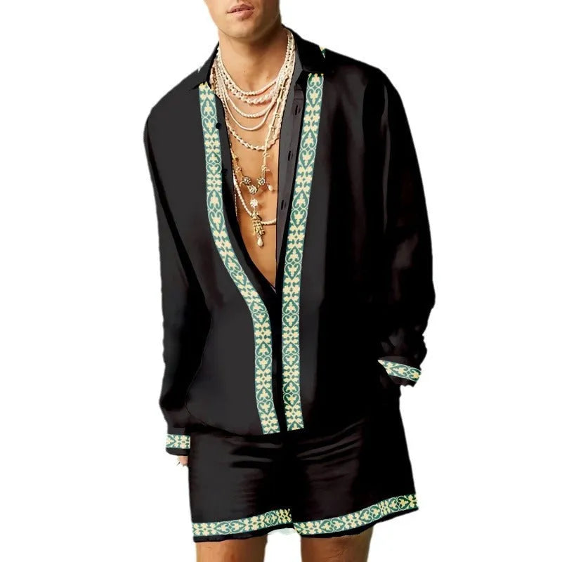 Casual slim-fit long sleeve shirt and matching shorts set on a hanger.