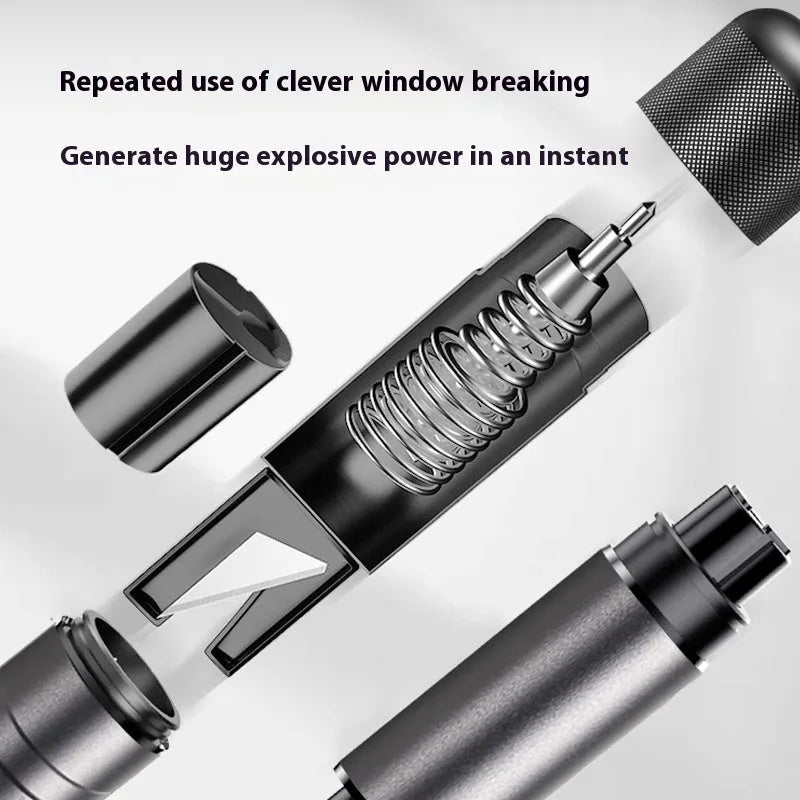 Gun grey aluminium alloy automobile safety hammer with belt cutter on a 3M rubber base.