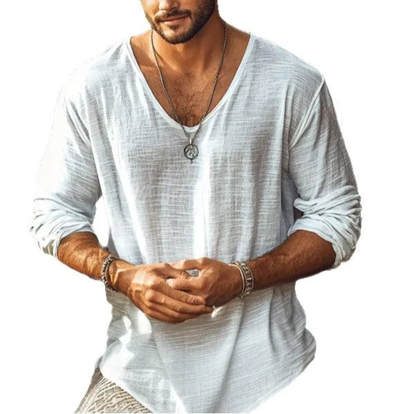 Beige men's slim fit long-sleeved V-neck T-shirt laid flat.