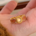Pink crystal enamel geometric open mouth ring on gold-plated copper band