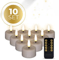 Taupe S10 LED tealight candles showing 3D flame effect and 4.1cm diameter measurement