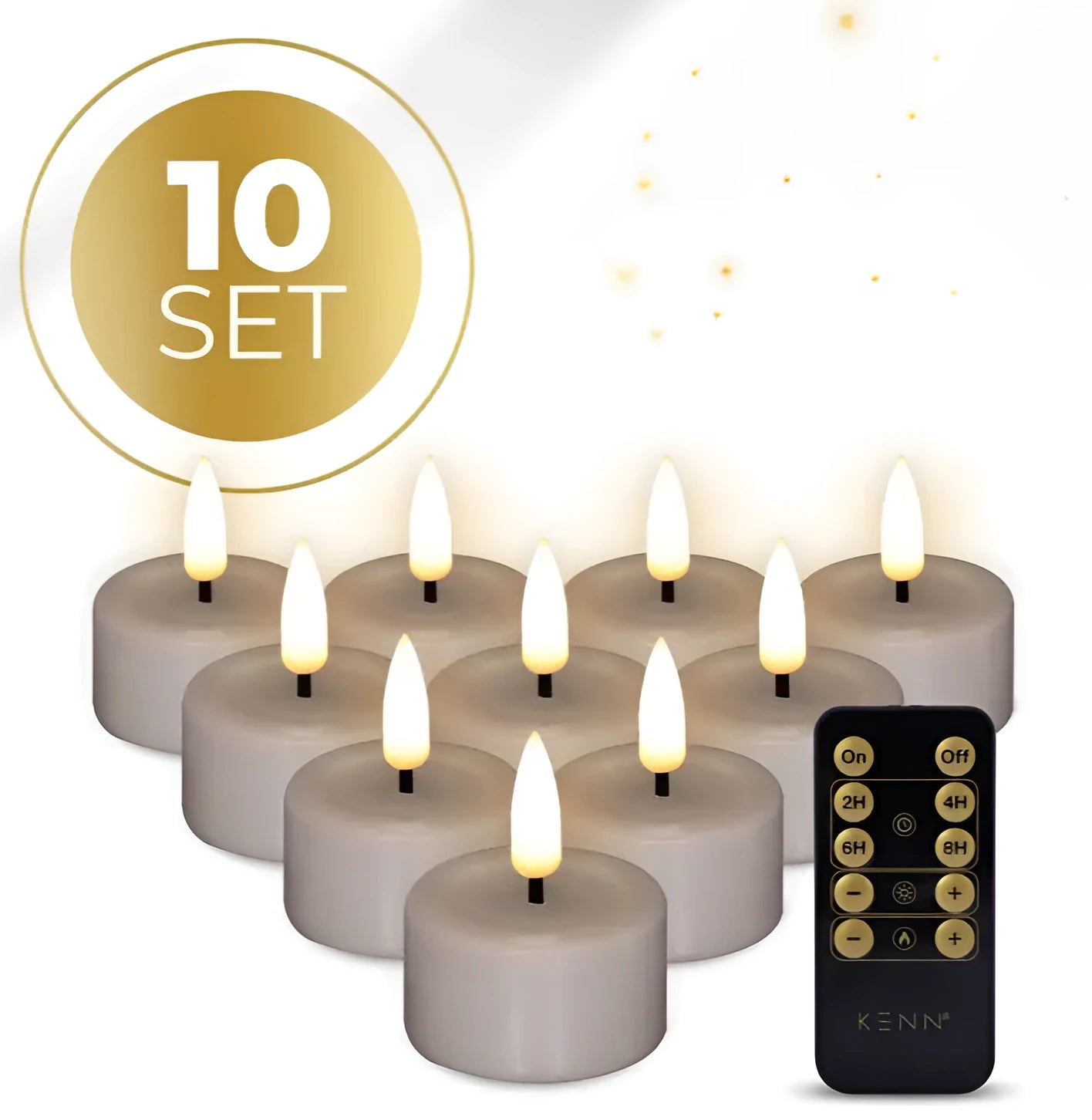 Taupe S10 LED tealight candles showing 3D flame effect and 4.1cm diameter measurement