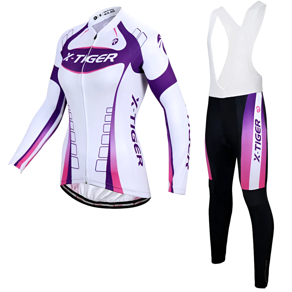 Women's long-sleeved cycling jersey suit in white and purple, full-zip with breathable gel pad