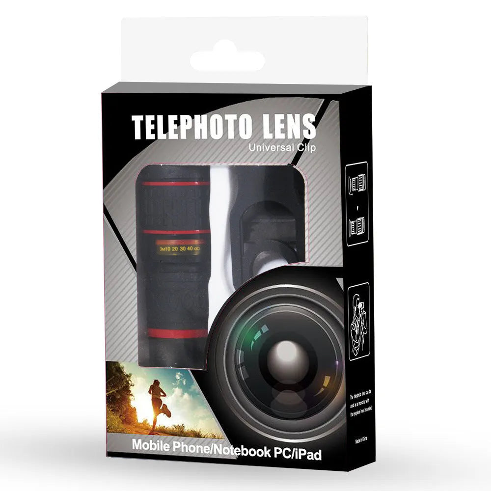 20x magnification cell phone telescope with universal clip on a smartphone.