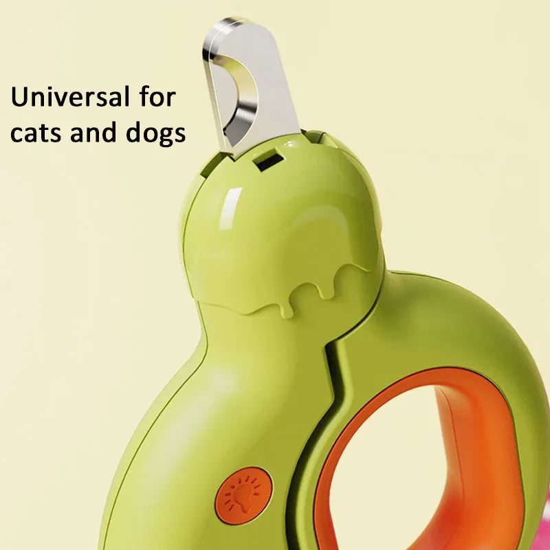 Blue pet nail clipper with LED light on, showing ergonomic handles and stainless steel blade.