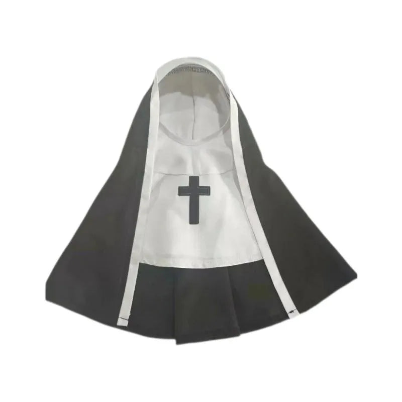 Black and white nun costume cloak outfit on a small or medium dog for Halloween.